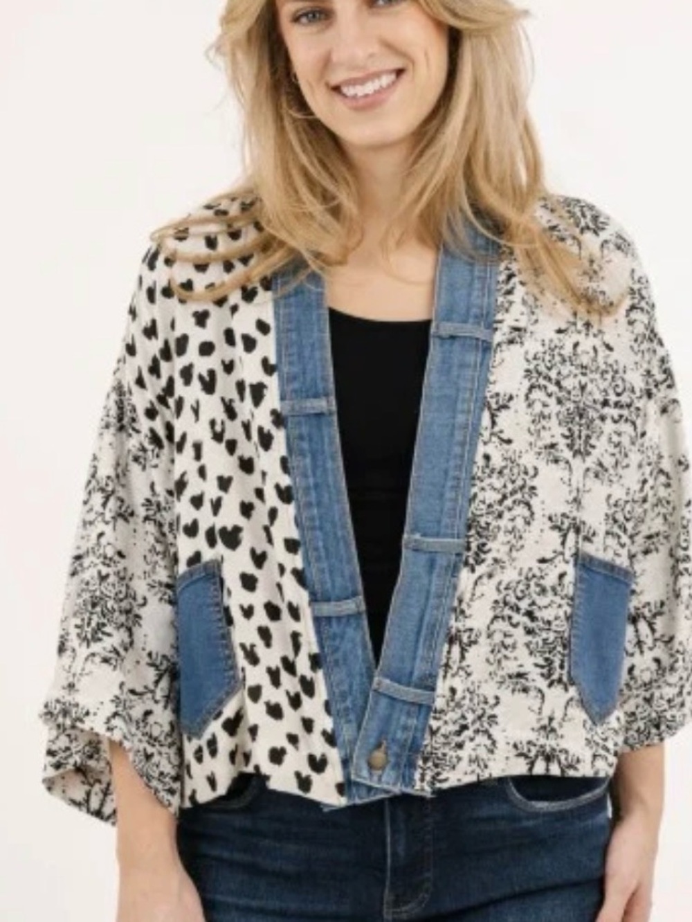Shannon Passero Short Kimono. Black & Ivory Print. Vintage Denim trim. Boho NEW